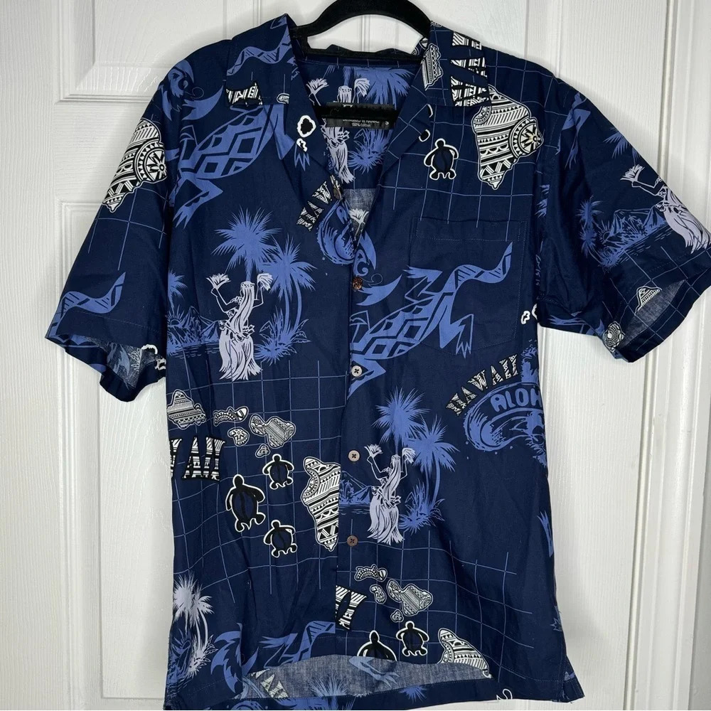 FAVANT Gecko‎ Men’s Hawaiian Shirt In Navy Size Small Faux Wooden Buttons